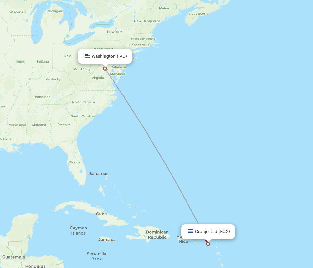EUX-IAD flight routes