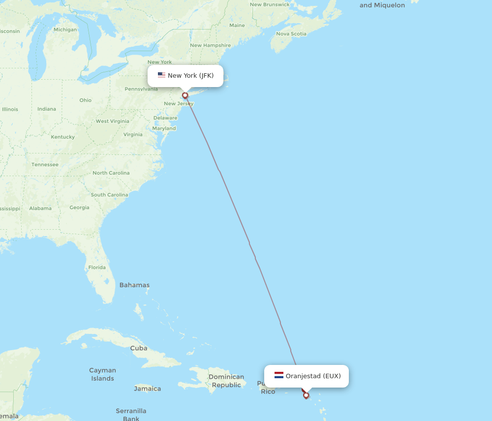 EUX-JFK flight routes