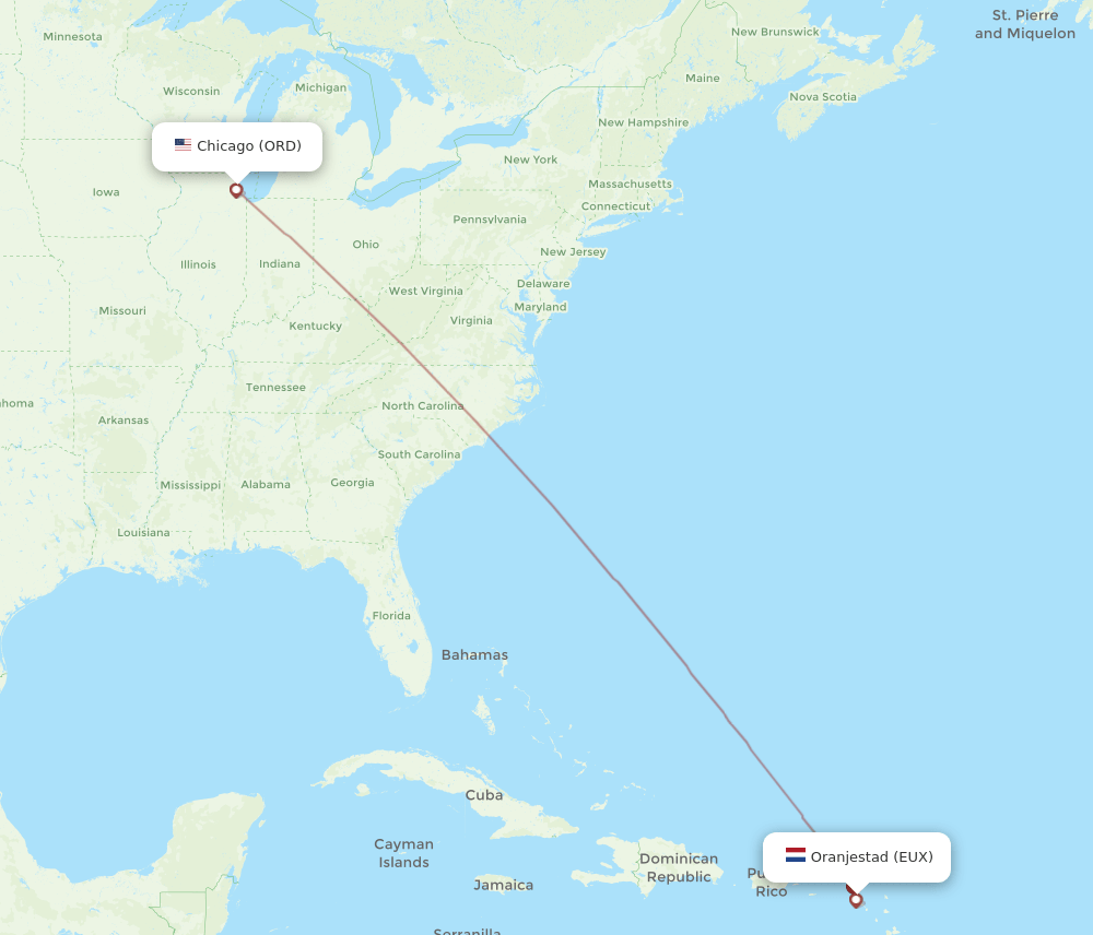EUX to ORD flights and routes map