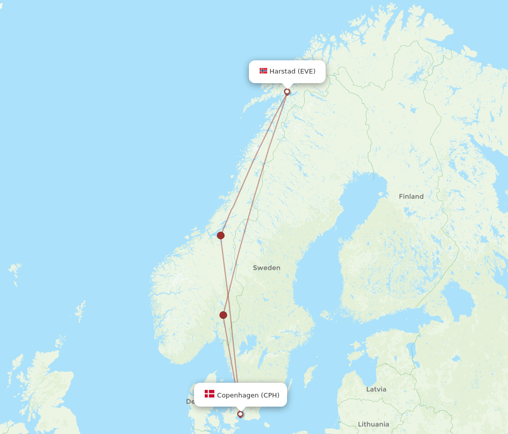 EVE to CPH flights and routes map