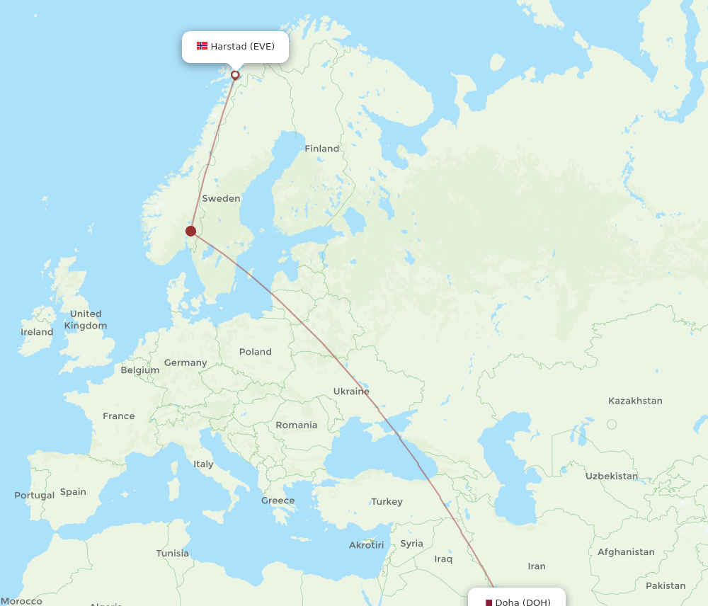 EVE to DOH flights and routes map