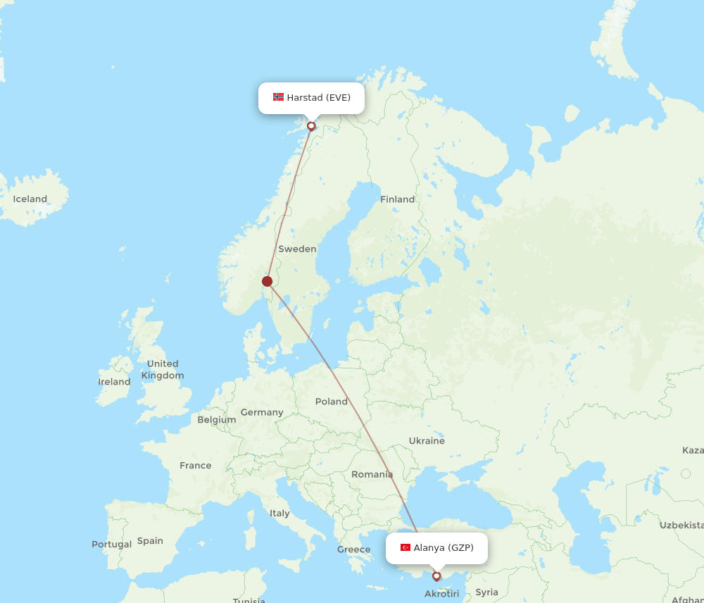 Gazipasa - Harstad-Narvik route map and flight paths