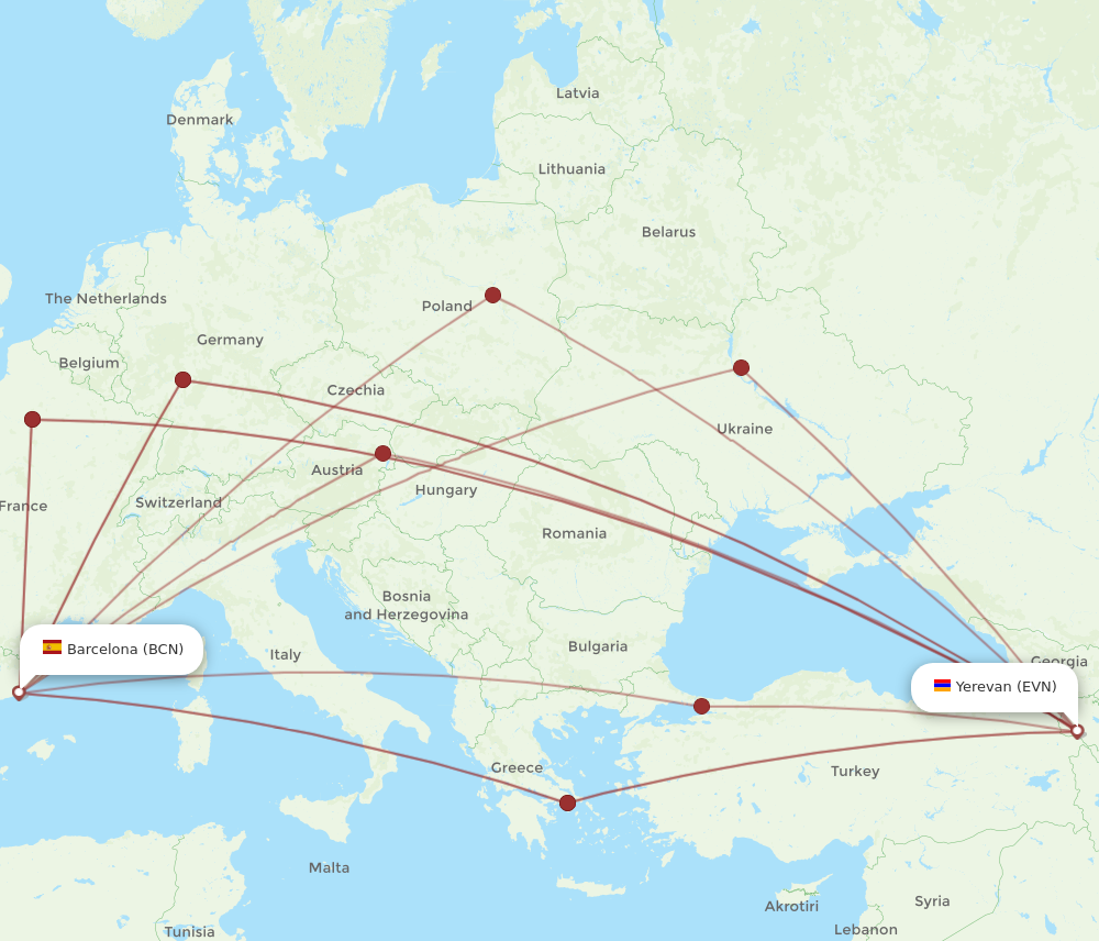 EVN to BCN flights and routes map