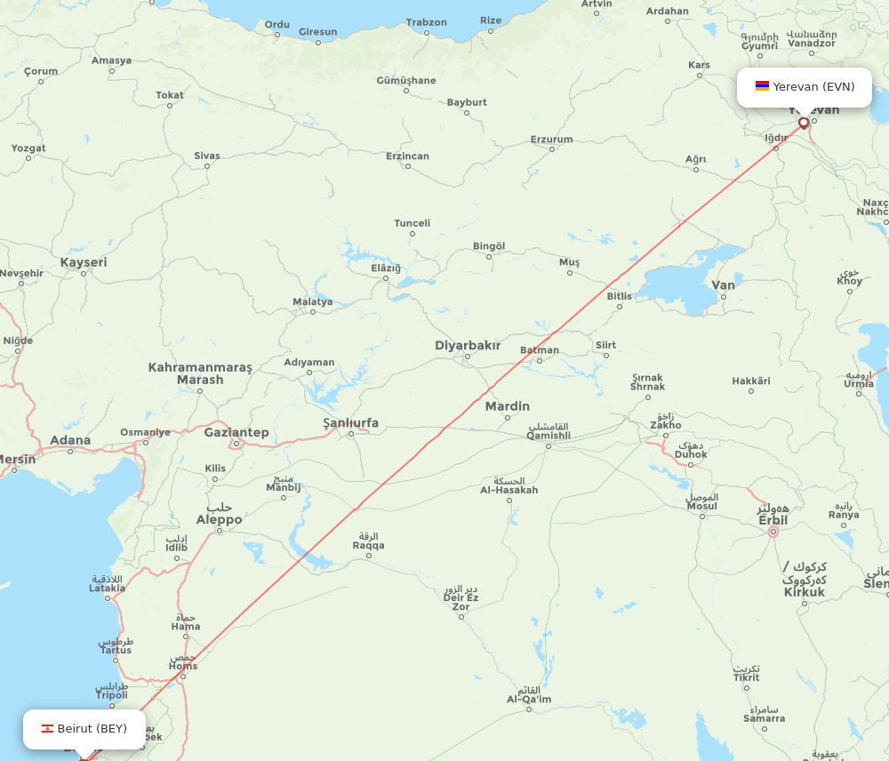 Yerevan - Beirut route map and flight paths