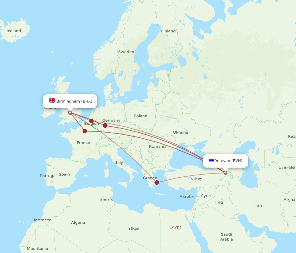 EVN to BHX flights and routes map