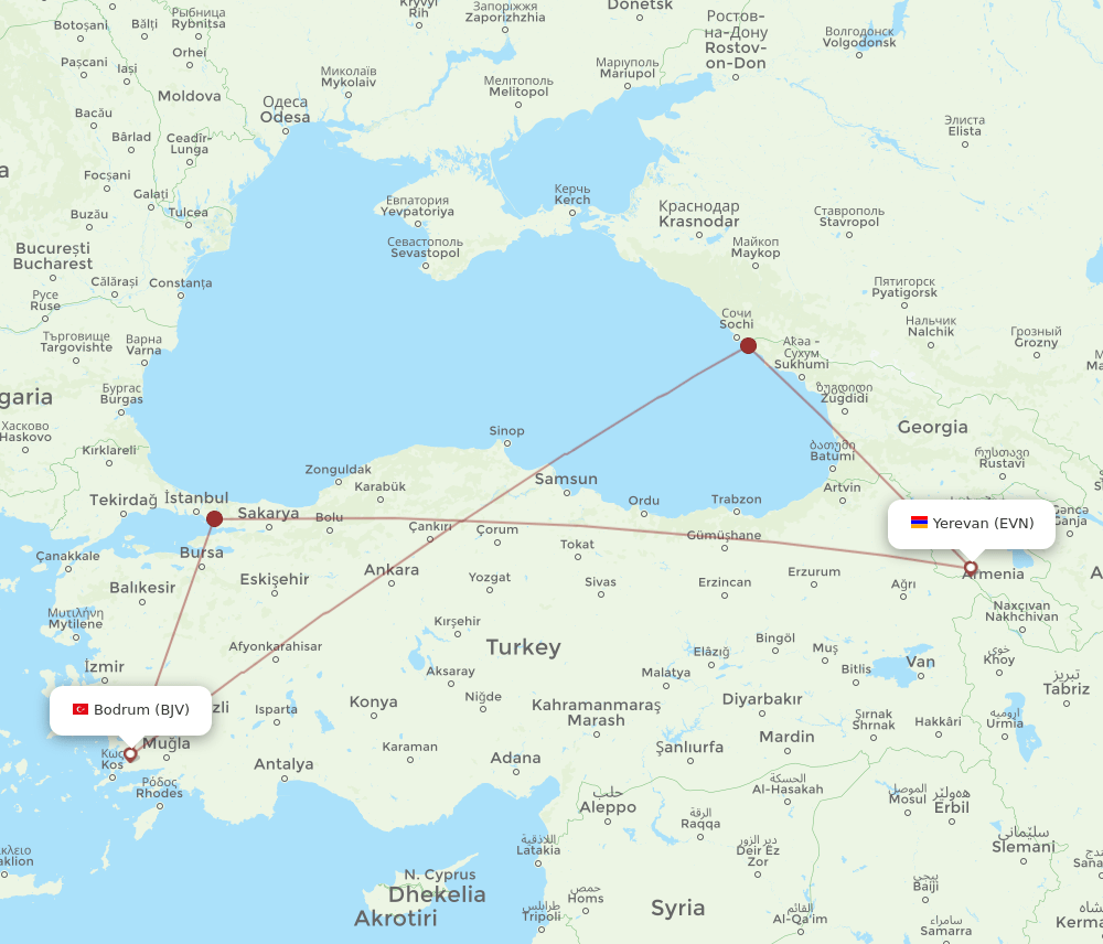 EVN to BJV flights and routes map