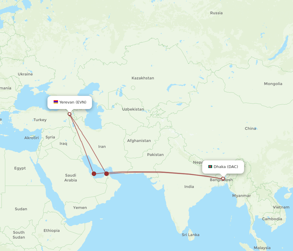 EVN to DAC flights and routes map