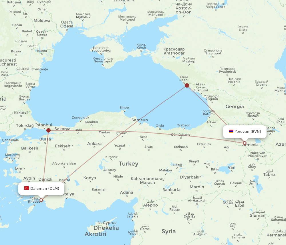 EVN to DLM flights and routes map
