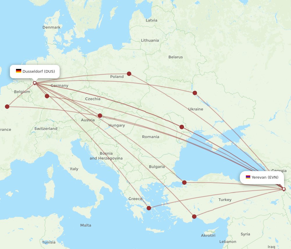 EVN to DUS flights and routes map