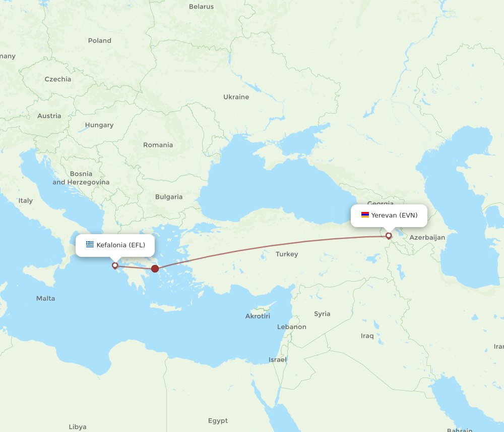 Kefallinia - Yerevan route map and flight paths
