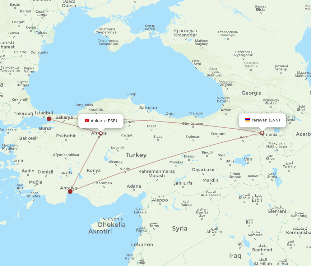 EVN to ESB flights and routes map