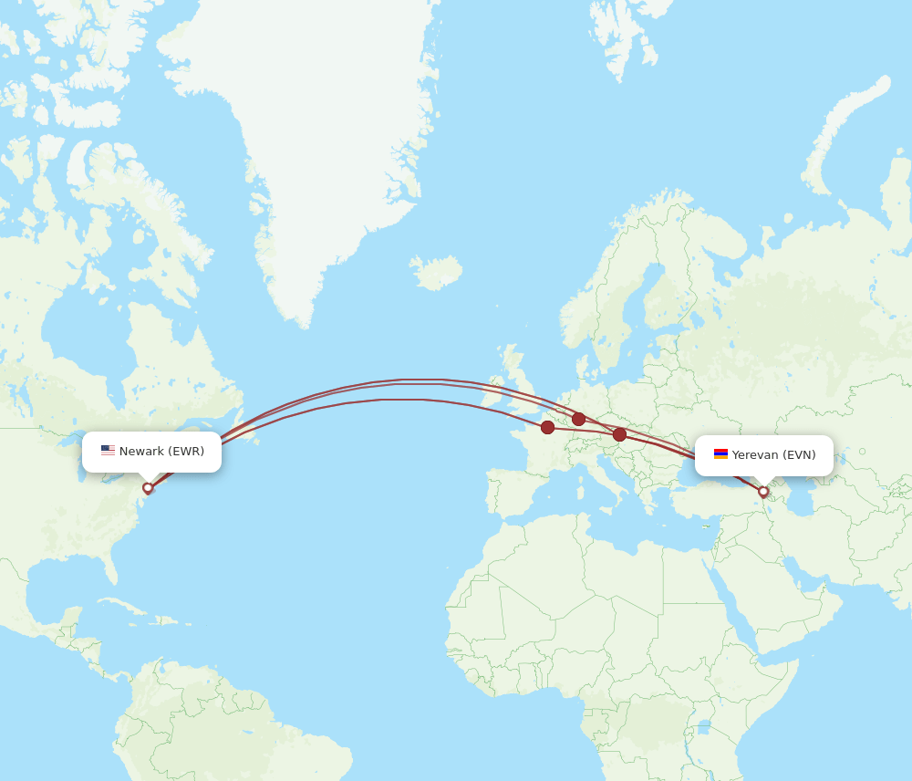 EVN to EWR flights and routes map