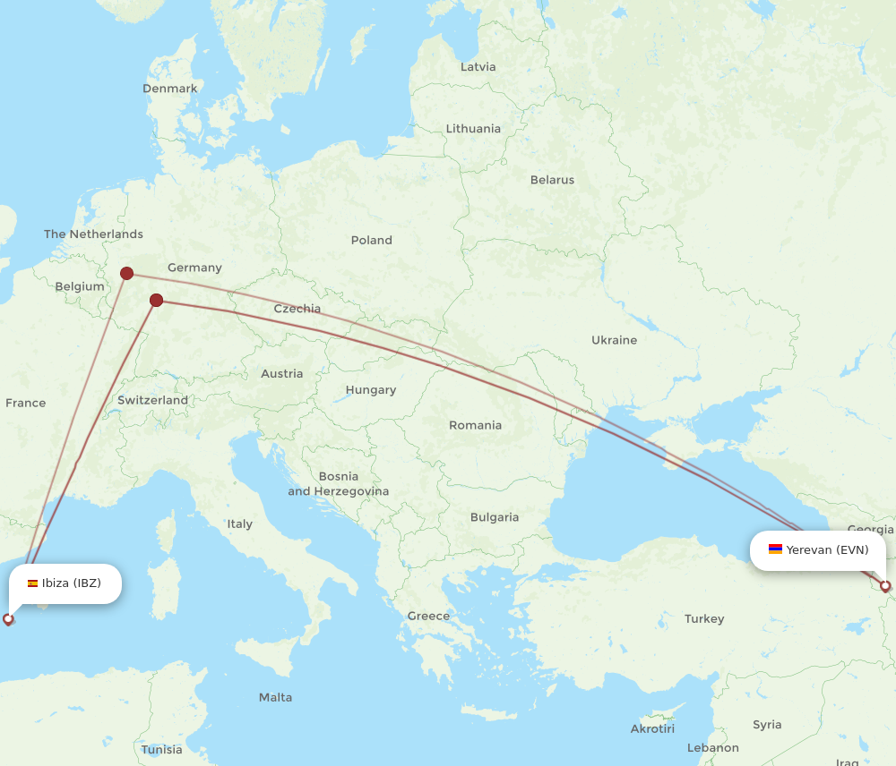 EVN to IBZ flights and routes map