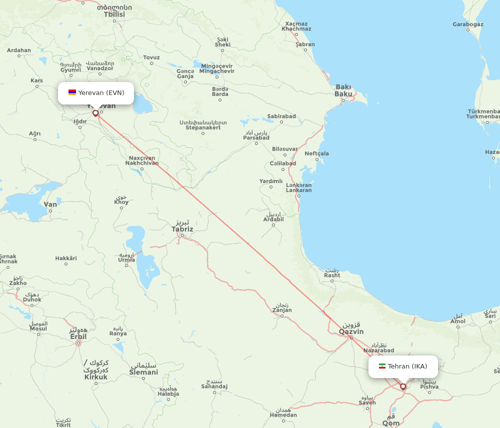 Yerevan - Tehran route map and flight paths