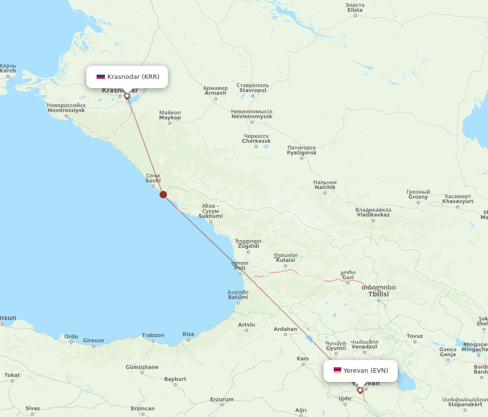 Yerevan - Krasnodar route map and flight paths