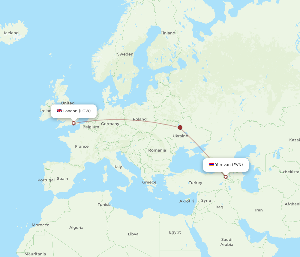 EVN to LGW flights and routes map