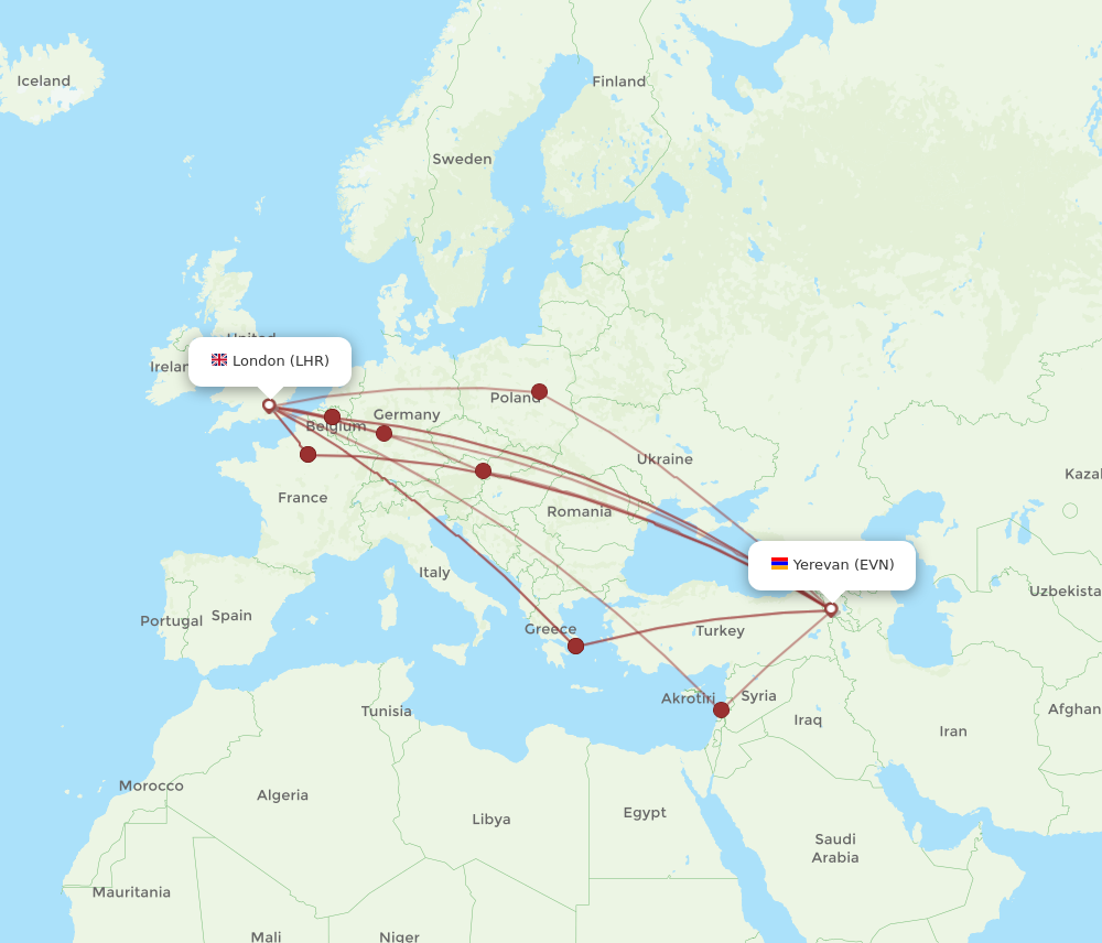 EVN to LHR flights and routes map