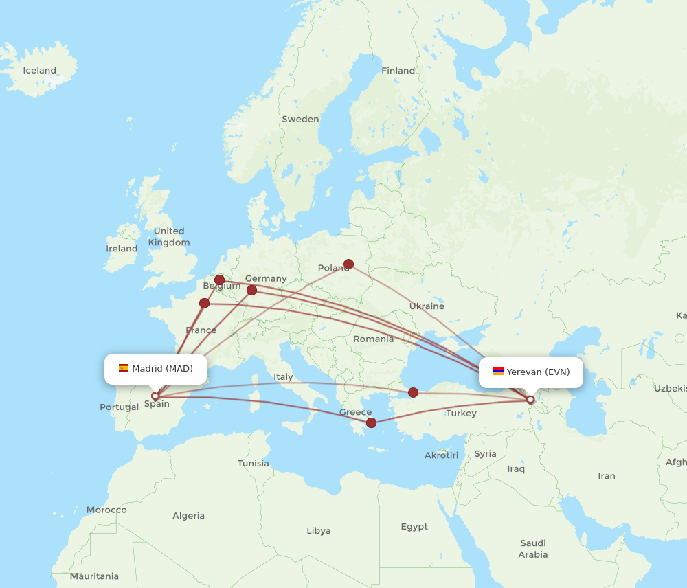 EVN to MAD flights and routes map
