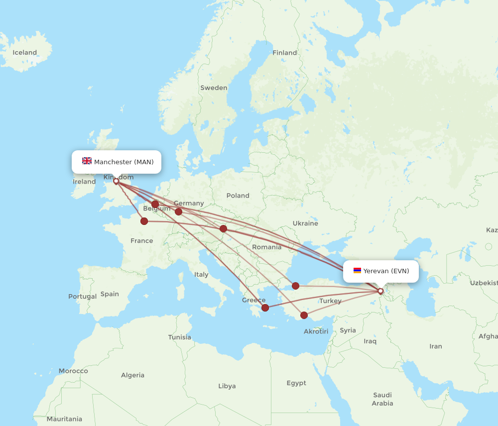 EVN to MAN flights and routes map