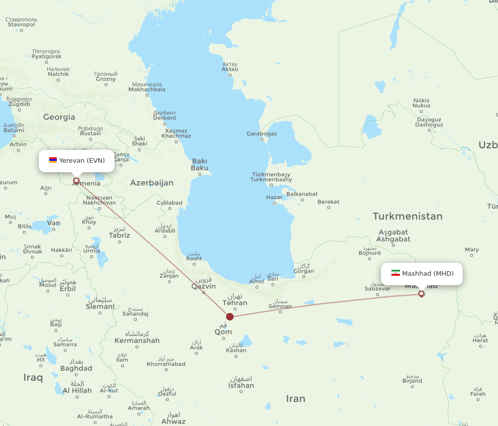 Mashad - Yerevan route map and flight paths