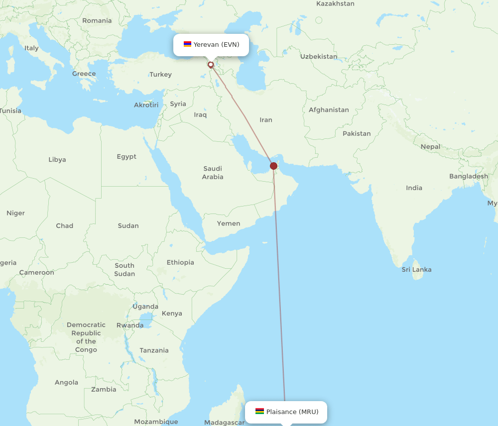 Yerevan - Mauritius route map and flight paths