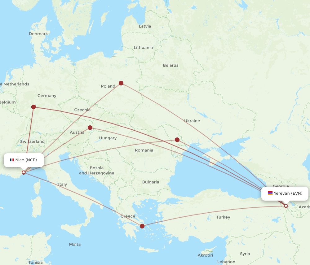 EVN to NCE flights and routes map