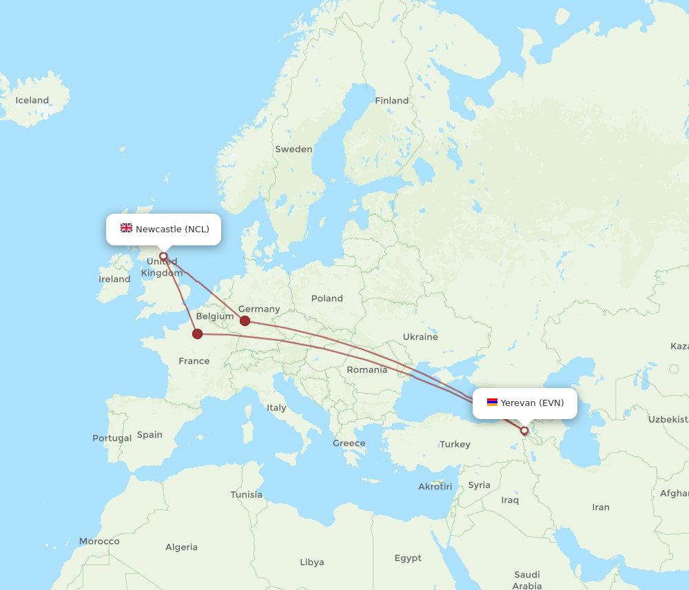 EVN to NCL flights and routes map
