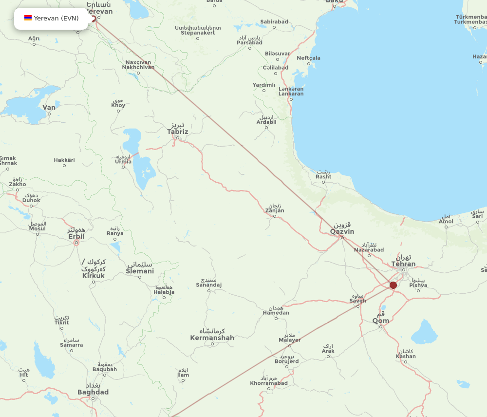 Al-Najaf - Yerevan route map and flight paths
