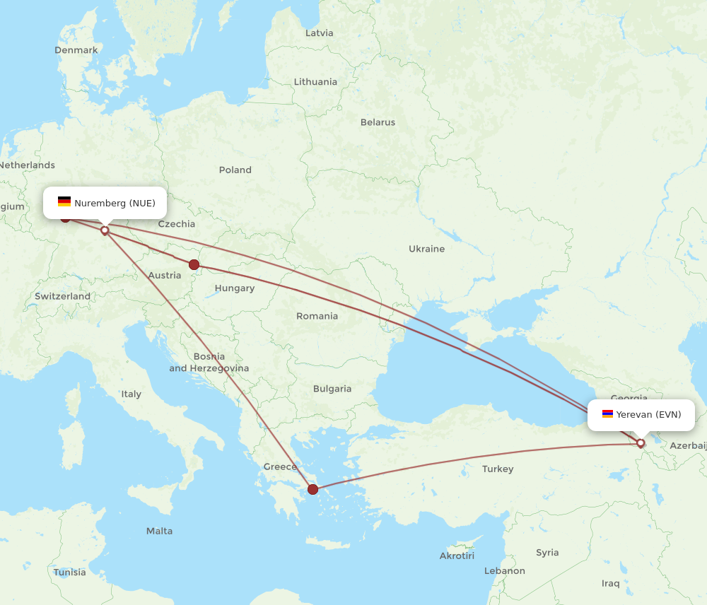 EVN to NUE flights and routes map