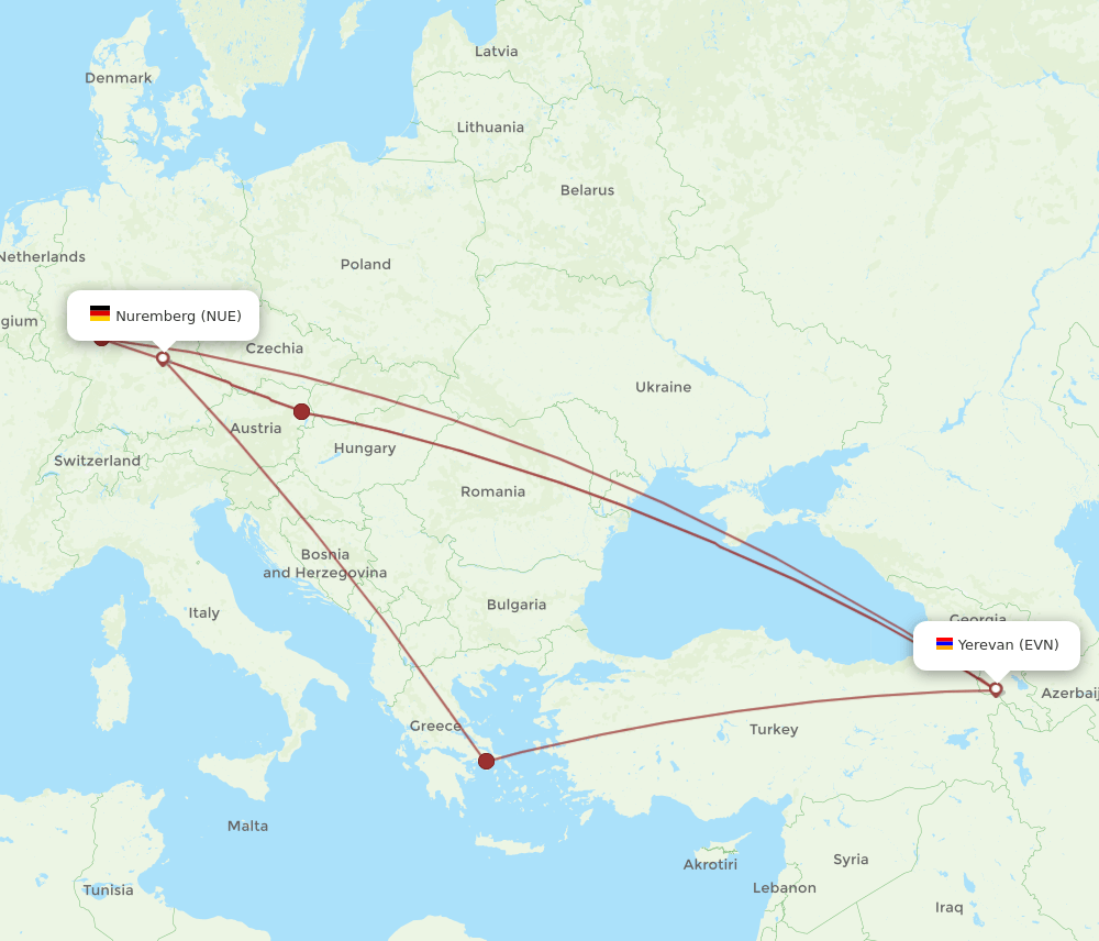 EVN to NUE flights and routes map