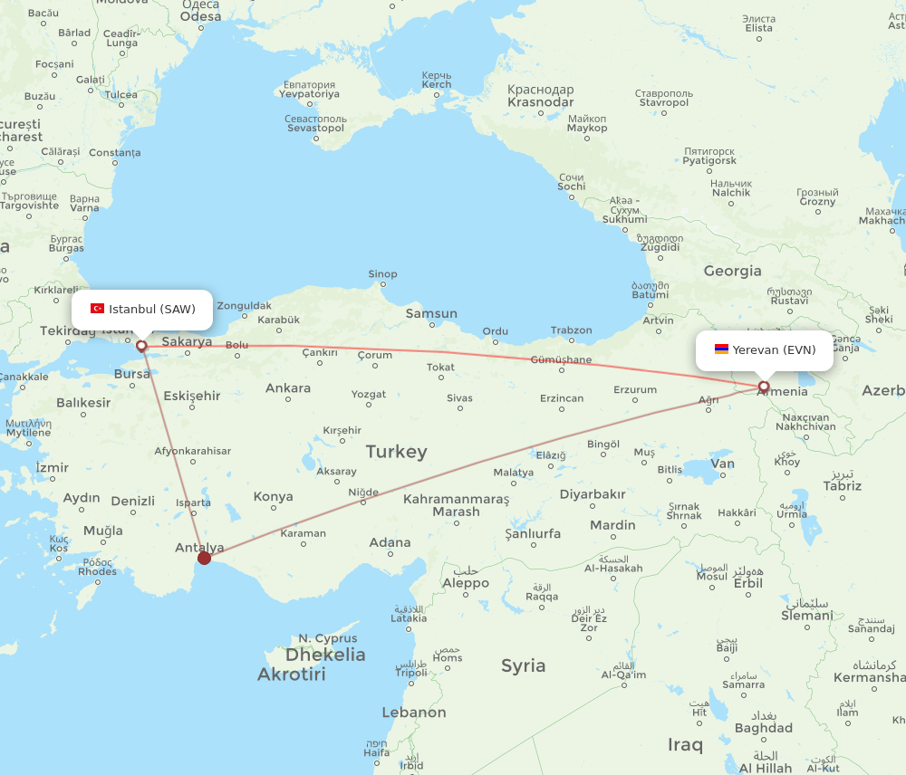 Yerevan - Istanbul route map and flight paths