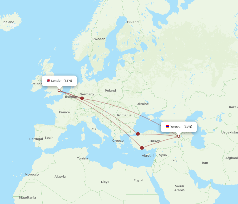 EVN to STN flights and routes map