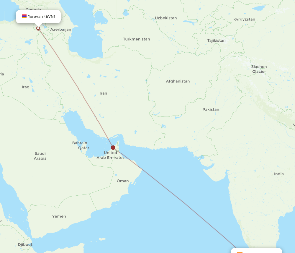 Thiruvananthapuram - Yerevan route map and flight paths