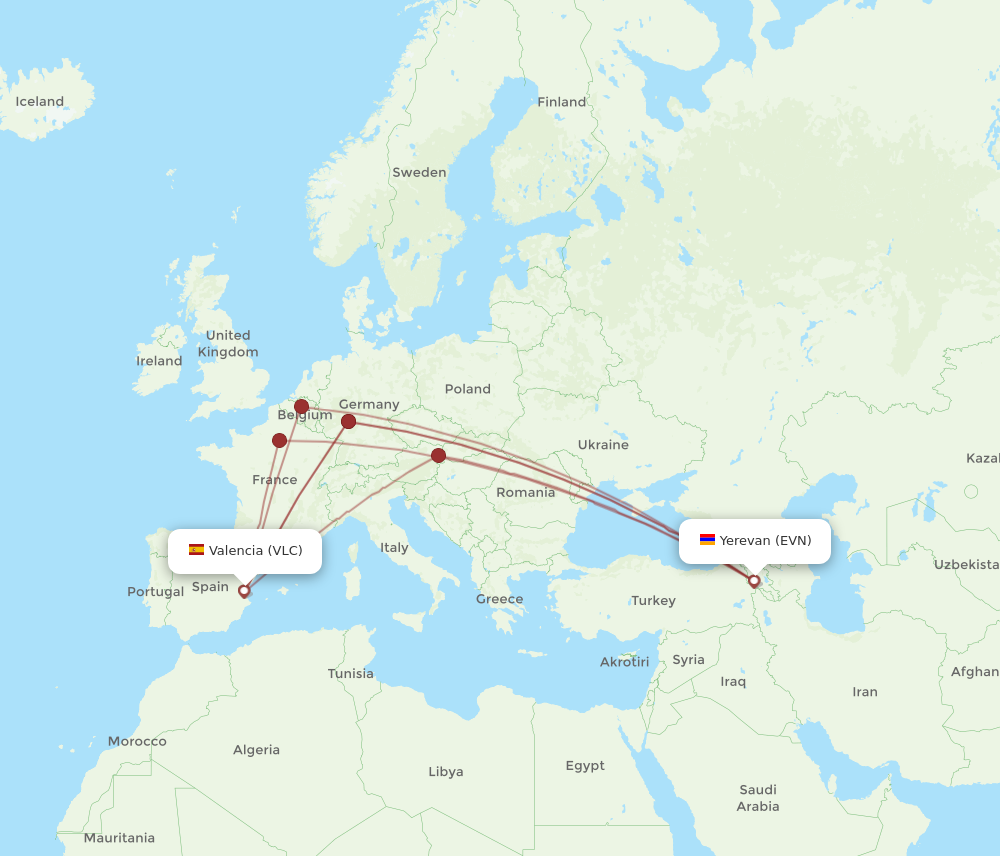 EVN to VLC flights and routes map