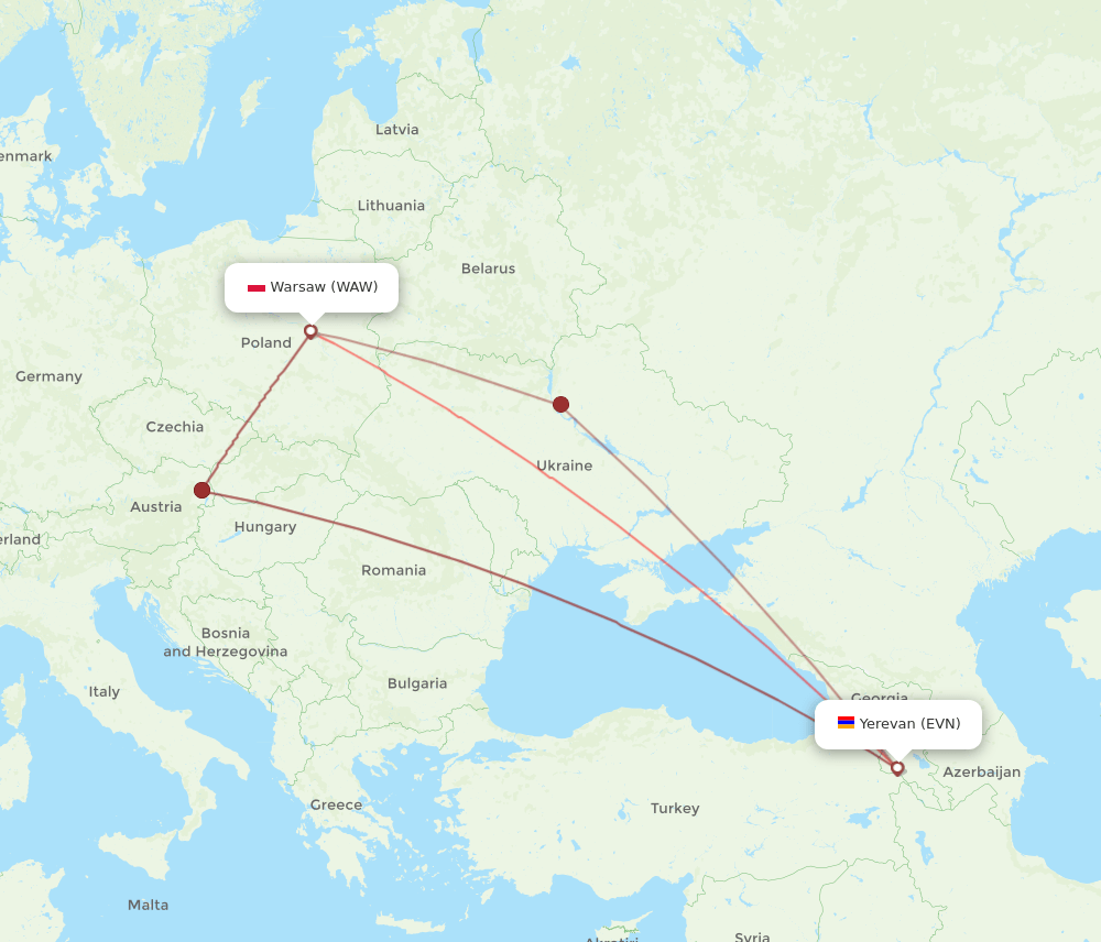 EVN to WAW flights and routes map
