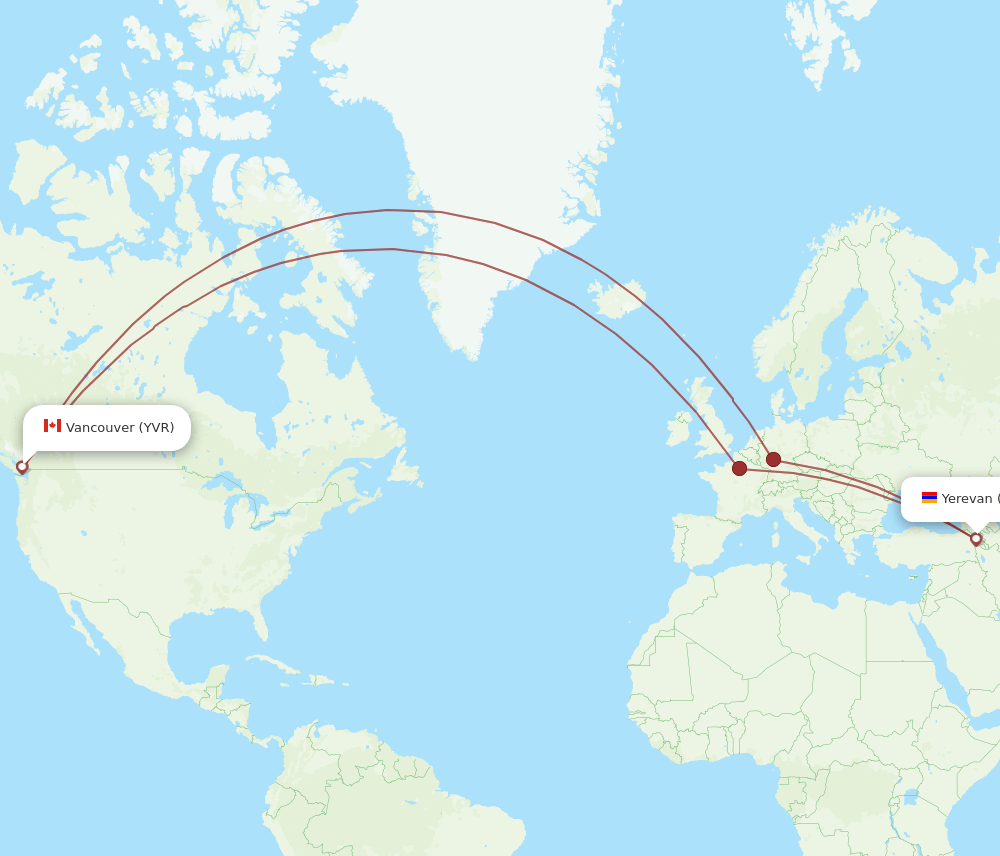 EVN to YVR flights and routes map