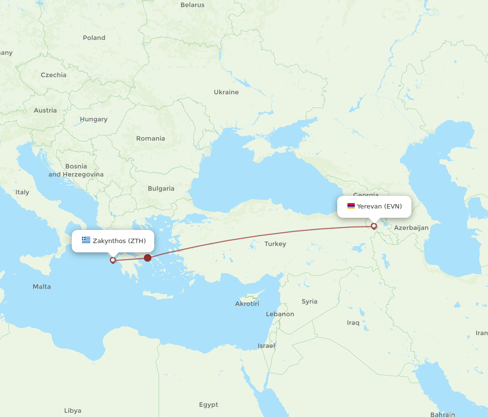 Zakinthos - Yerevan route map and flight paths