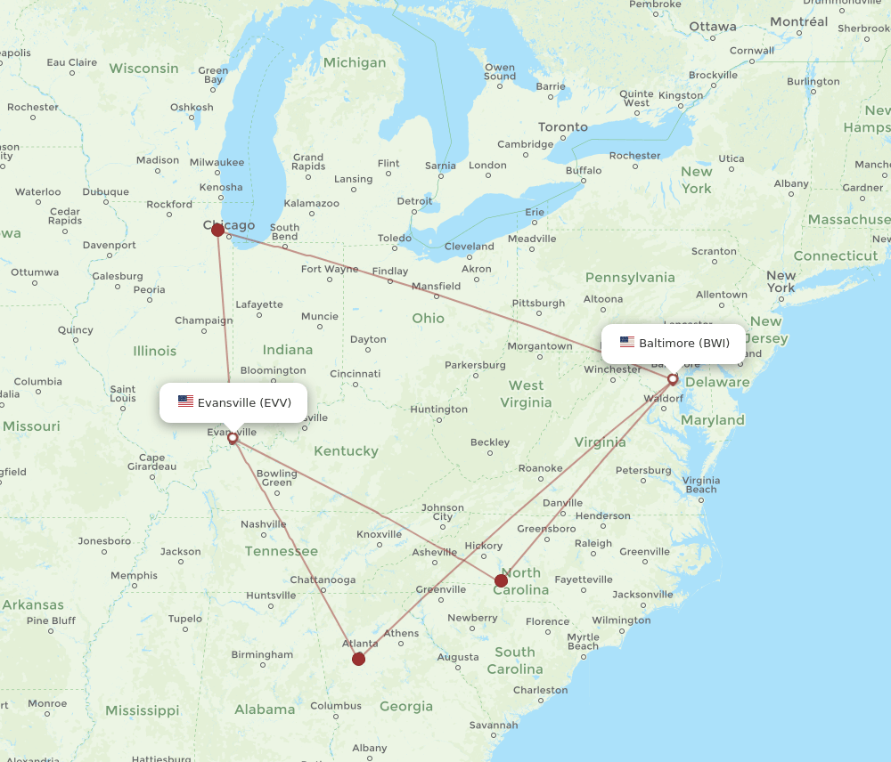 EVV-BWI flight routes