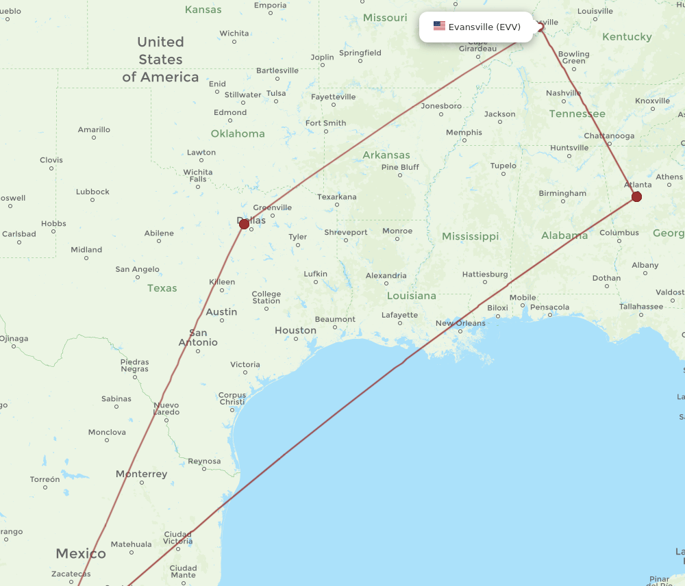 EVV to GDL flights and routes map