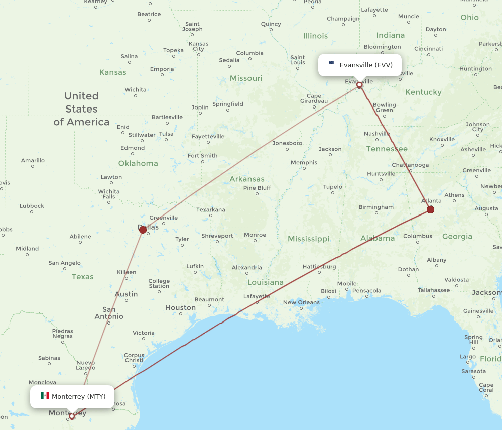 EVV-MTY flight routes