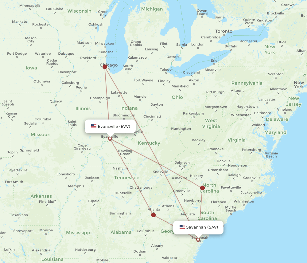 EVV to SAV flights and routes map