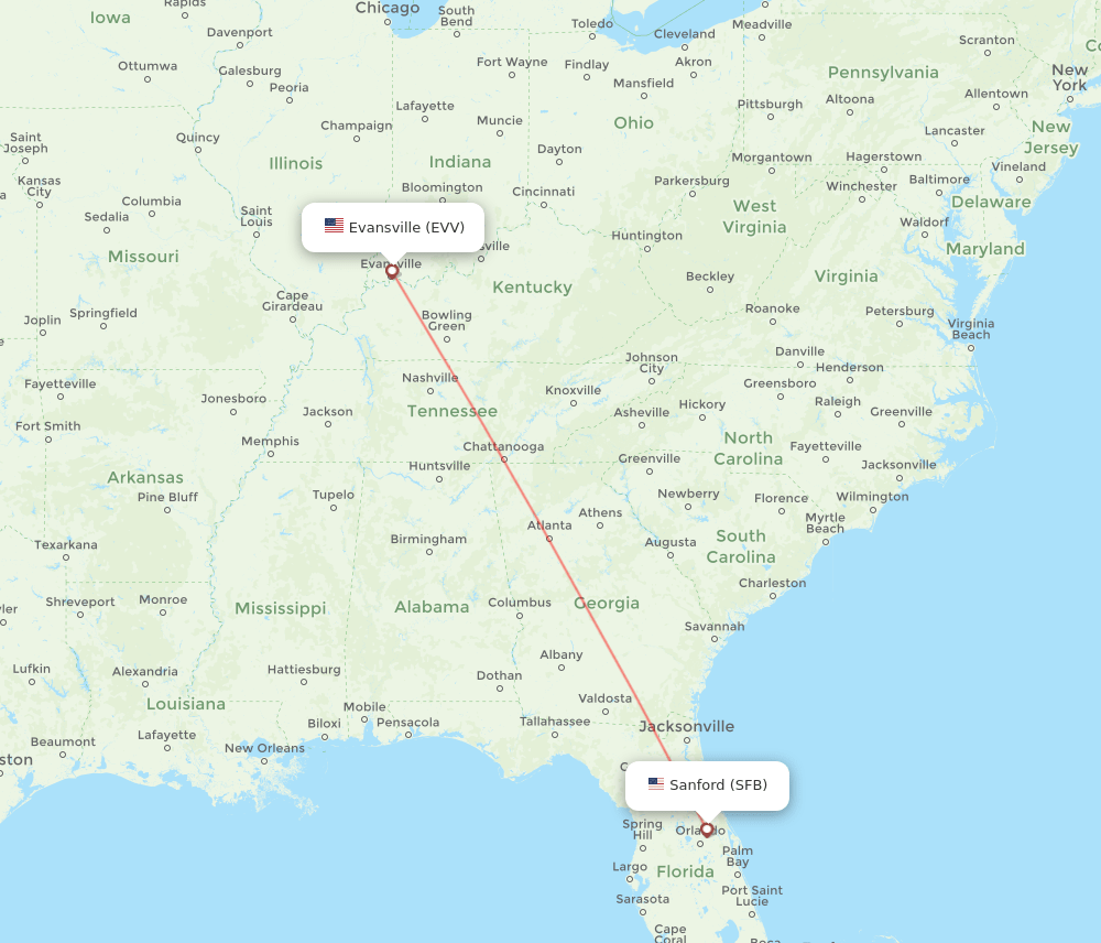 Evansville - Orlando route map and flight paths