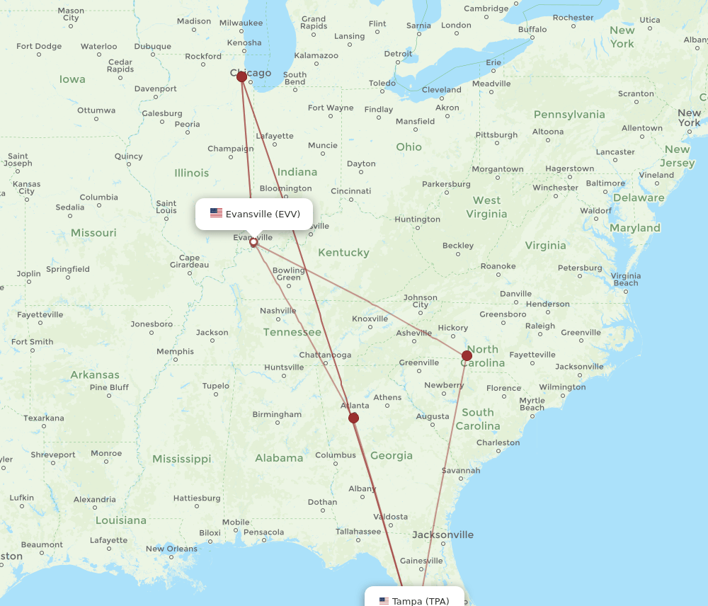 EVV to TPA flights and routes map