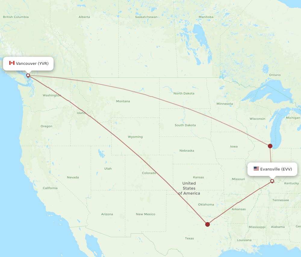 YVR to EVV flights and routes map