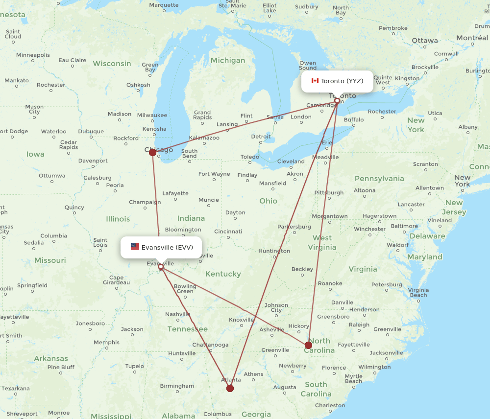 YYZ to EVV flights and routes map