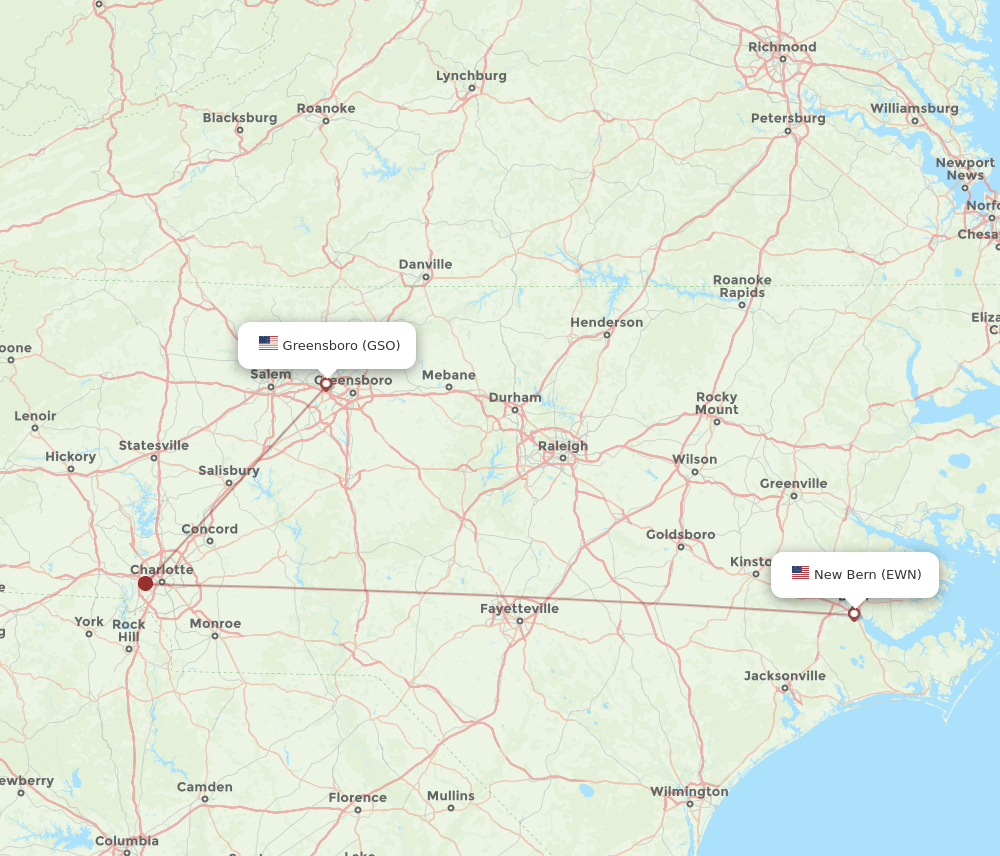 EWN to GSO flights and routes map