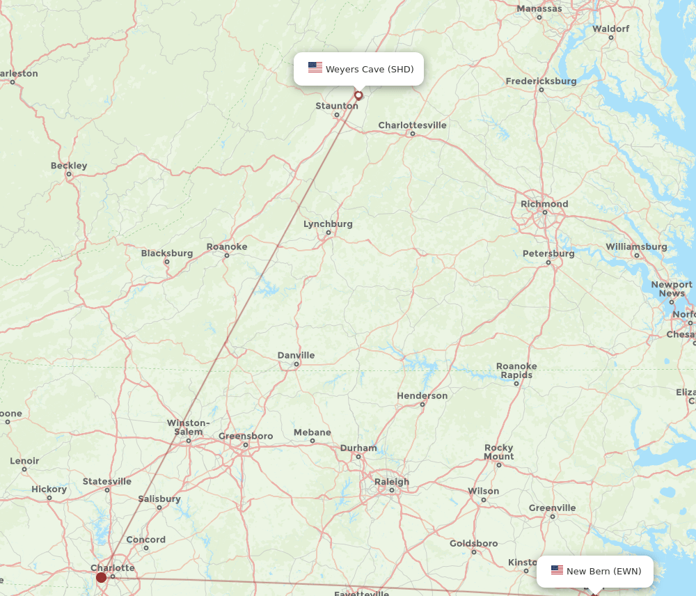 EWN-SHD flight routes