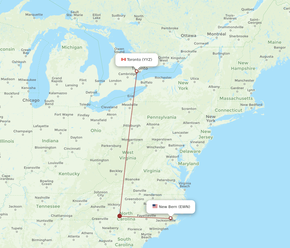 Toronto - New Bern route map and flight paths