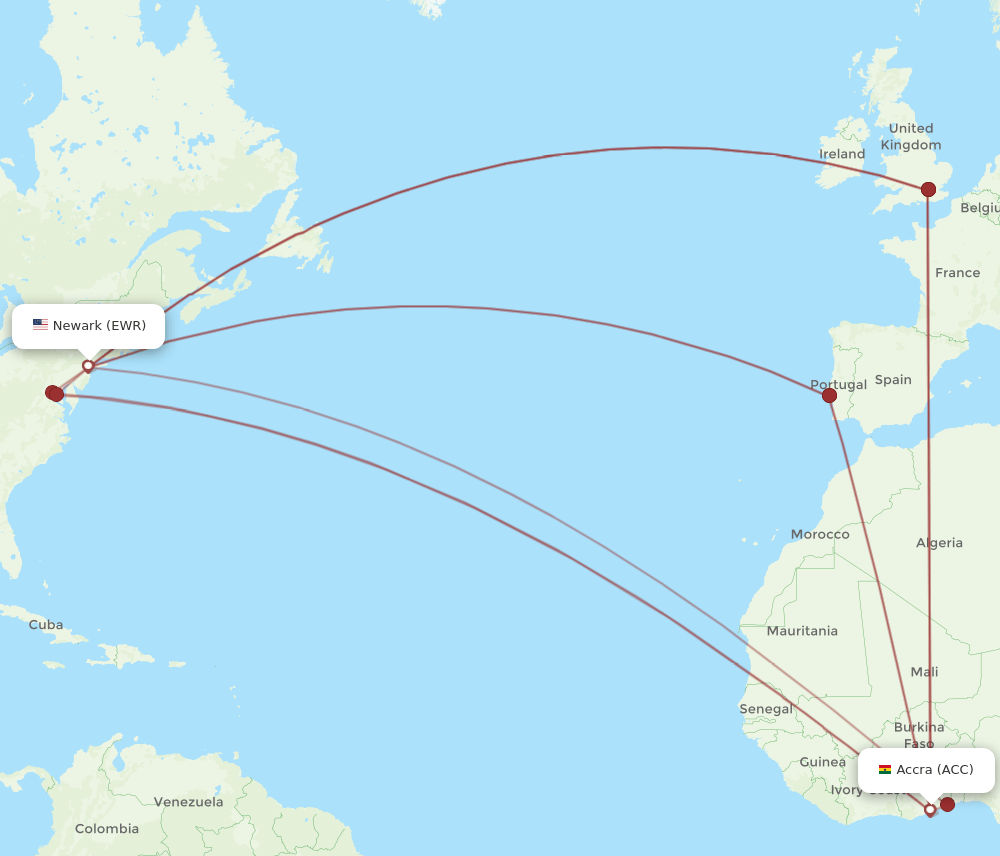 EWR to ACC flights and routes map