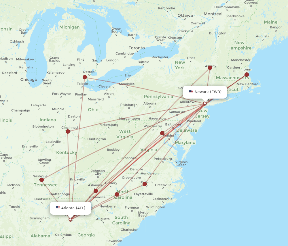 New York - Atlanta route map and flight paths